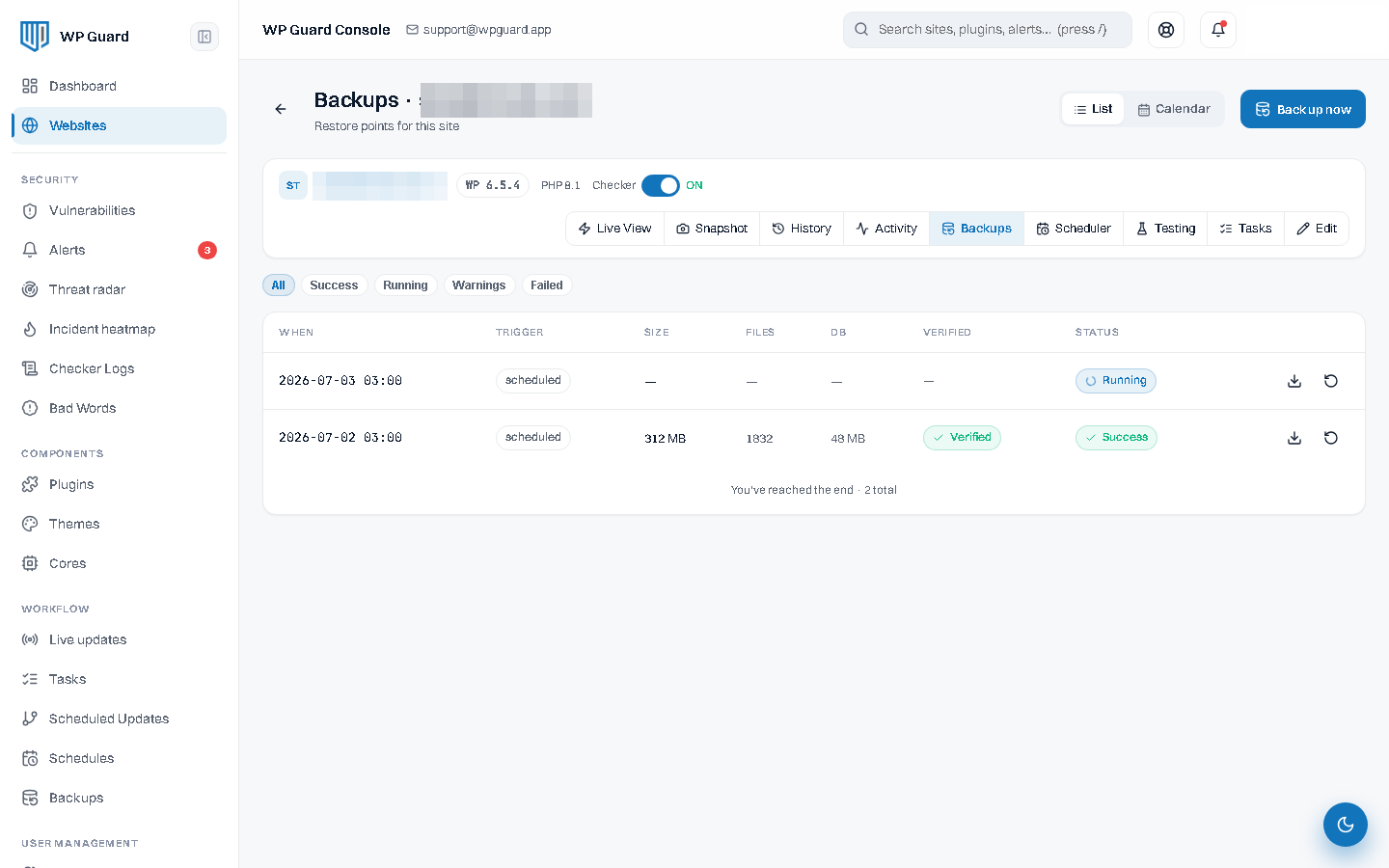 The WP Guard console showing automated backups verified and ready to restore